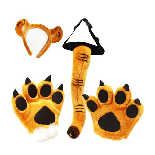 Awydky 4-teiliges Tiger Kostüm Für Kinder Cosplay Tiger Ohren Stirnband Schwänze Handschuhe Tierkostüm Zubehör Set Tiger Kostüm von Awydky