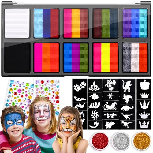 Axinyijia Kinderschminke Set 10/15/20 Farben, Karneval Body Painting Gesichtsfarben Schminke für Kinder Erwachsene mit Glitzer, Berufs Pinsel, Vorlagen, Schwämme Kinderschminken Set von Axinyijia