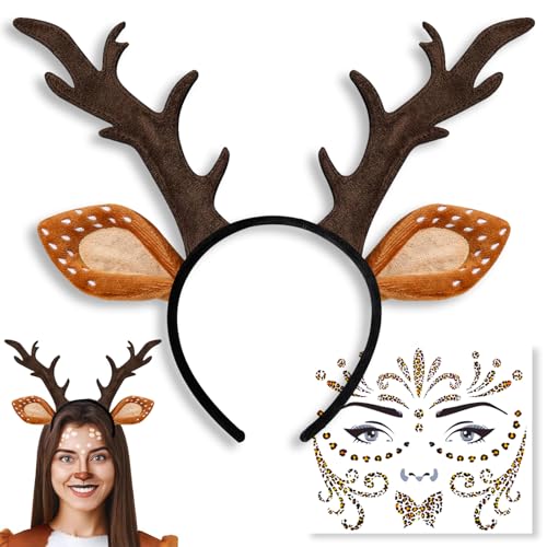 Axinyijia Reh Geweih Haarreif, Karneval Reh Kostüm Set für Damen Kinder, Reh Ohren Rentier Haarreif mit Gesichtstattoo für Fasching Cosplay Axinyijia Reh Geweih Haarreif, Karneval Reh Kostüm Set für Damen Kinder, Reh Ohren Rentier Haarreif mit Gesichtstattoo für Fasching Cosplay von Axinyijia