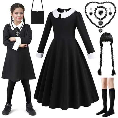 Axinyijia Mittwoch Kostüm Set Mädchen, Karneval Wednesd Adam Kleid mit Schwarze Perücke, Tasche, Socken, Halsketten-Set für Kinder Fasching Cosplay von Axinyijia