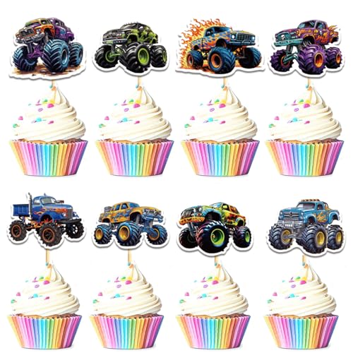 Cupcake-Aufsätze mit Monster-Truck-Motiv, 32 Stück, Motiv: Truck, Auto, Geburtstagsparty, Dekoration, Babyparty für Jungen, Mädchen, Babyparty, Kindergeburtstag, Party, Kuchendekorationen von Axtxryx