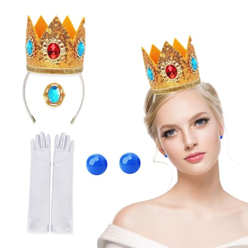 Axvxby Prinzessin Peach Kostümzubehör，4-teiliges Set für Damen Mädchen Prinzessin Kostüm Krone Ohrringe Handschuhe Brosche für Karneval Geburtstag Party Cosplay Dress Up von Axvxby