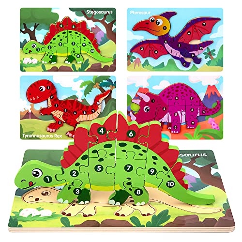 Holzpuzzle für Kinder ab 1 2 3 Jahre, Montessori Dinosaurier Steckpuzzle Pädagogisches Spielzeug für Baby, Tierpuzzle Lernspielzeug Puzzlespiel Set Geschenke Mädchen Junge (4 Stück) von Ayakizi
