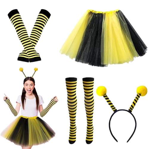Ayizhiniu Bienenkostüm-Set für Damen, Biene Haarreif, Kostüm Biene mit Tüllrock, Biene Gestreifte Overknee Strümpfe, Handschuhe, Anwendbar Rollenspiel zum Thema Karneval Maskerade von Ayizhiniu