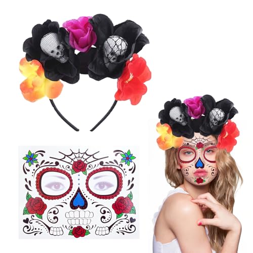 Ayizhiniu Dia De Los Muertos Haarreif mit Temporäre Gesichtstattoos, Tag Der Toten Haarreif, Halloween Rosen Haarband, Damen Tag der Toten Haarschmuck für Fasching Karneval Halloween (B) von Ayizhiniu