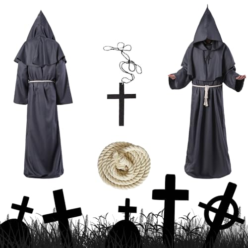 Ayizhiniu Mönch Robe Kostüm Prister Gewand Mittelalterliche Renaissance Robe mit Kapuze und Kreuz Mönchskutte für Mottoparty Halloween Cosplay (A) von Ayizhiniu