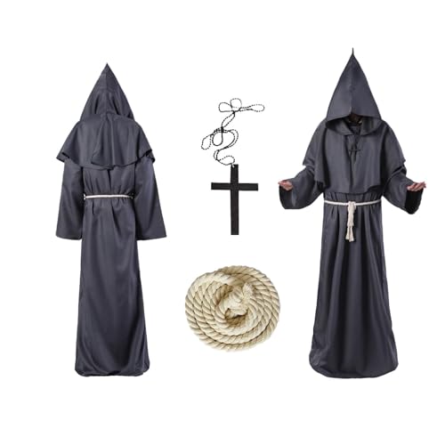 Ayizhiniu Mönch Robe Kostüm Prister Gewand Mittelalterliche Renaissance Robe mit Kapuze und Kreuz Mönchskutte für Mottoparty Halloween Cosplay (C) von Ayizhiniu