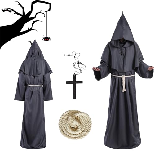 Ayizhiniu Mönch Robe Kostüm Prister Gewand Mittelalterliche Renaissance Robe mit Kapuze und Kreuz Mönchskutte für Mottoparty Halloween Cosplay (D) von Ayizhiniu