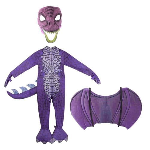 Aymzbd Dinosaurier Kostüm für Kleinkinder, Drachenkostüm mit Schwanzflügel Maske für Kinderspiele, Halloween Ankleideparty, Lila XL 140cm von Aymzbd