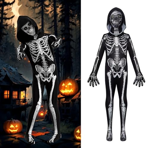 Ayucanpeng 3D Skelett Jumpsuit,Halloween Kostüm Kinder Skelett, mit Maske,Stehkragen Rücken Zip Outfits Bodycon,für Halloween Karneval Party (140) von Ayucanpeng