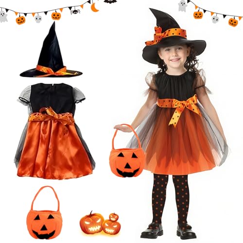 Ayucanpeng Hexenkostüm Kinder,Halloween Mädchen Kostüm Hexe,hexenhut und Kürbisbeutel,für Karneval Halloween Fasching Cosplay Party (130) von Ayucanpeng