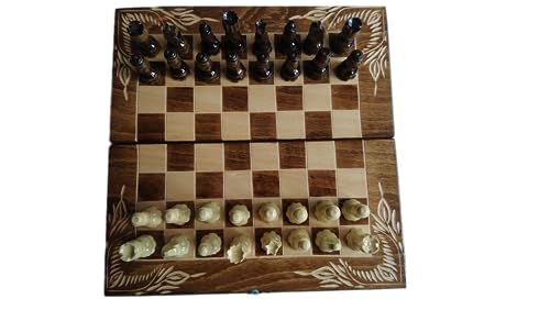Handgeschnitztes Reise-Holzschach-Set, 25,4 x 25,4 cm, Schachbrettbox, geschnitztes Schachfigur, Backgammon-Dame von Azi