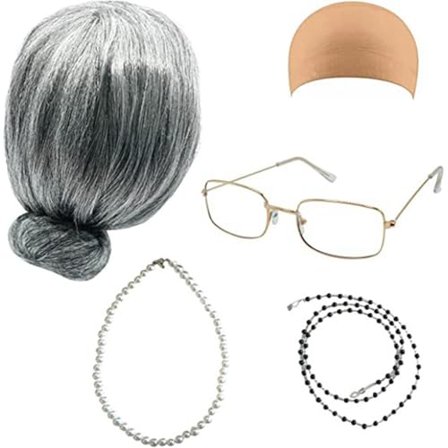 Alte Dame Kostüm für Mädchen - 100. Schultag Oma Kostüm,5-teiliges Kostümzubehör für alte Damen (graue Perücke, Brille mit Kette, Perückenkappe, Halskette) von Aznever