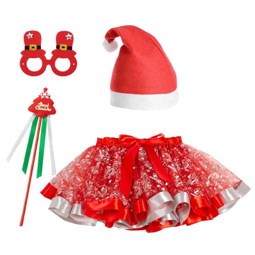 Aznever Elfen-Cosplay-Outfit,4-teiliges Elfenkostüm | Outfit mit Zauberstab-Brille, Weihnachtsmütze und Weihnachtsrock für Kinder und Mädchen von Aznever