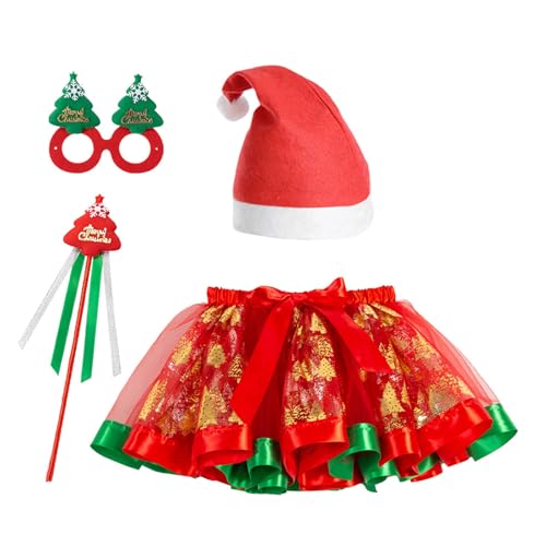 Aznever Elfen-Cosplay-Outfit - Süßes 4-teiliges Set Weihnachtsmannkostüm für Mädchen,Weiche und bequeme Brille, Zauberstab, Weihnachtsmütze und Weihnachtsrock für die Geburtstagsfeier von Kindern von Aznever