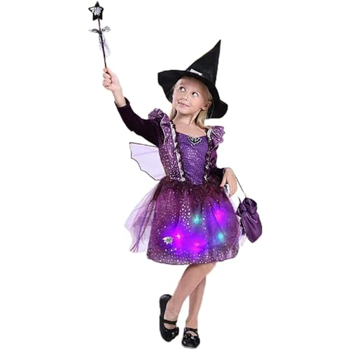 Azptan Hexenkostüm Mädchen mit Lichter, Kinder Hexenkostüm Zauberer verkleiden Cosplay Kostüm Set 5 teilig, Halloween kostüm mädchen Fasching Karneval Party Hexenkleid kinder Farbe Kleid von Azptan