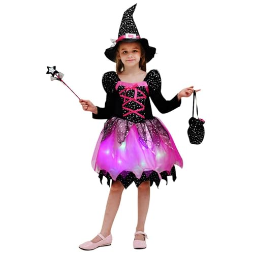 Azptan Mädchen Hexenkostüm mit Lichter, Kinder Zauberer verkleiden Cosplay Kostüm Set 4 teilig, Mädchen Halloween Fasching Karneval Party Hexenkleid Farbe Kleid (Hut Zauberstab,Bonbontüte, Kleidung) von Azptan