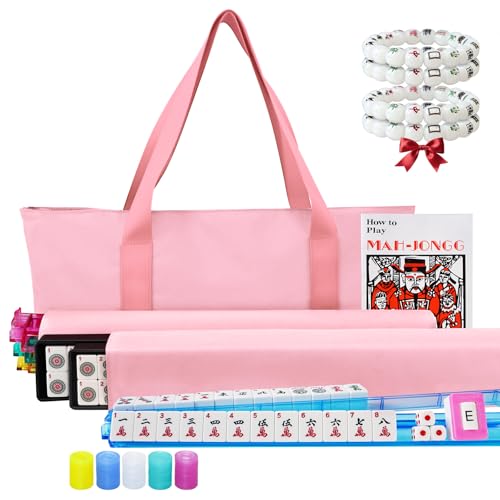 American Mahjong Spielset mit rosa Tragetasche, 166 weiße Premium-Fliesen (3,1 cm), All-in-One-Farb-Rack/Drücker, Chips, Windanzeige, englisches Handbuch, komplettes Mahjongg-Fliesen-Set (Rosa) von AzulHome