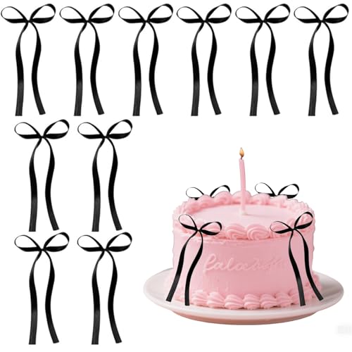 AzureRay 10pcs Schwarz Bogen Tortendeko Geburtstag Kuchen Deko Schleifenband Bögen Tortenaufleger Black Bow Cake Topper Hochzeit Kuchendeko Schleife Torten Deko Hochzeitstorte von AzureRay