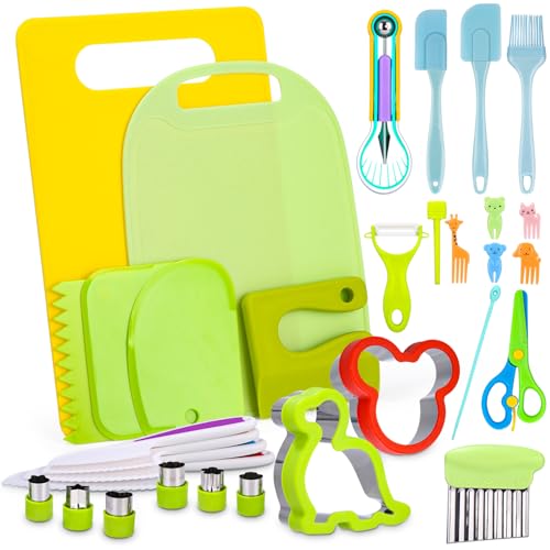 Azyvum Kindermesser-38 teiliges Kinder Sicherheit Küchenmesser für echtes Kochen mit Kindermesser,Schneidebrett, Wellenschneider,Schäler etc| Messer für Kinder ab 2 Jahren,Montessori Messer von Azyvum