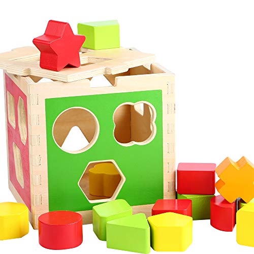 B&Julian® Holzspielzeug Steckspiel aus Holz mit bunt Steckwürfel in Sortierbox 16 TLG. Spielzeug 1 Jahre für Kinder Baby von B&Julian