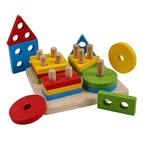 B&Julian® Steckpuzzle Steckspiel Sortierspiel Stapelspiel Holzpuzzle Motorikspielzeug 17tlg.Geometerie Holz Puzzle für Kinder ab 12 Monate von B&Julian