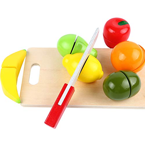 B&Julian® Schneiden Spielzeug Lebensmittel Holz Obst mit Schneidebrett Küchenspielzeug für Kinderküche Spielküche Kaufladen Zubehör mit 6 Schneideobst 14tlg. als Rollenspiel Kinder ab 3 von B&Julian