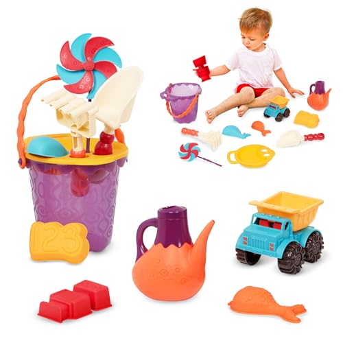 B. toys Sandspielzeug 11 Teile mit Tasche –Sandkasten Spielzeug, Strand, Spielplatz mit Eimer, Schaufel, Sandförmchen, Kipper – Spielzeug ab 18 Monaten von B. toys