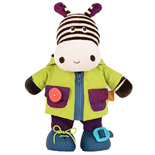B. toys Zebra Kuscheltier zum Anziehen lernen – Schleife, Reißverschluss, Klettverschluss, Knopf – Lernspielzeug mit Geräuschen für Kinder ab 2 Jahre von B. toys