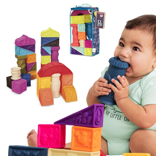 B. toys Baby Spielzeug Stapelturm, weiche Bausteine, Bauklötze Motorikspielzeug, Lernspielzeug, Spielwürfel mit Buchstaben und Tieren ab 6 Monaten, 26 Teile von B. Toys