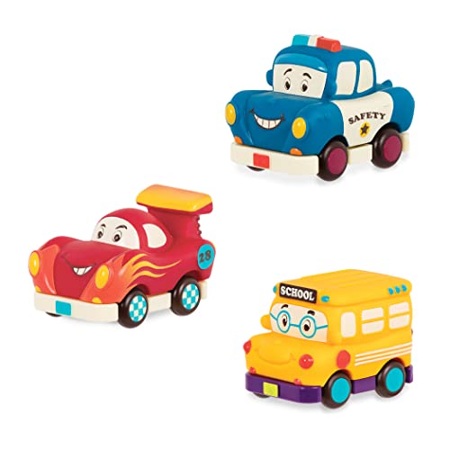 B. toys Weiche Spielzeug Autos zum Zurückziehen und Loslassen – Polizeiauto, Rennauto, Schulbus – Motorikspielzeug für Kinder ab 1 Jahr (3 Stück) von B. toys