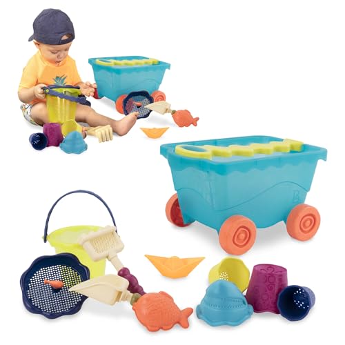 B. toys Sandspielzeug 11 Teile mit Bollerwagen – Sandkasten Spielzeug, Strand, Spielplatz mit Eimer, Schaufel, Sandförmchen – Spielzeug ab 18 Monaten von B. toys