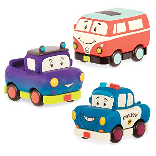 B. toys Weiche Spielzeug Autos zum Zurückziehen und Loslassen – Polizeiauto, Camper, Truck – Motorikspielzeug für Kinder ab 1 Jahr (3 Stück) von B. toys