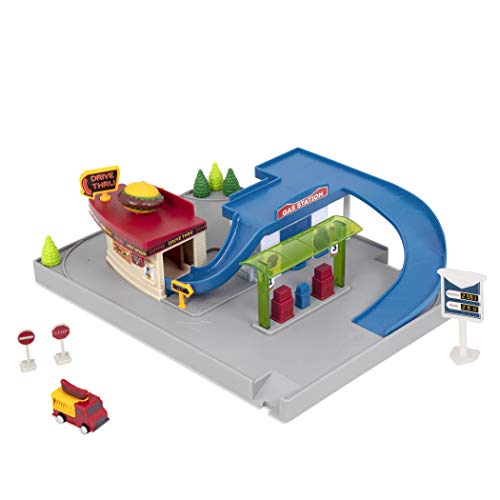 Driven Pocket 5 Teile Mini Set Tankstelle mit Zapfsäulen, Drive-In Restaurant und mehr – Spielzeugautos mit Zubehör und Funktionen Spielzeug ab 3 Jahren von Driven by Battat