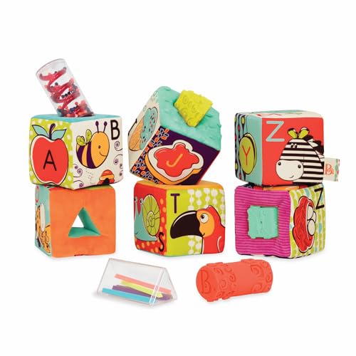 B. toys Baby Spielzeug ABC Stoff Blöcke Stoff mit Tieren, geometrischen Formen, Rassel – Stapelturm, weiche Bausteine, Bauklötze ab 6 Monaten, 11 Teile von B.