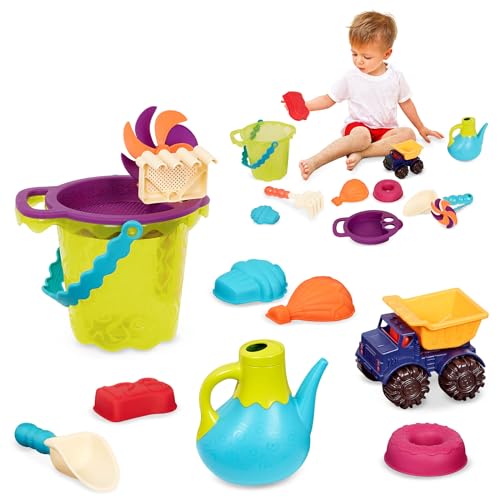 B. toys Sandspielzeug 11 Teile mit Tasche –Sandkasten Spielzeug, Strand, Spielplatz mit Eimer, Schaufel, Sandförmchen, Kipper – Spielzeug ab 18 Monaten von B. toys