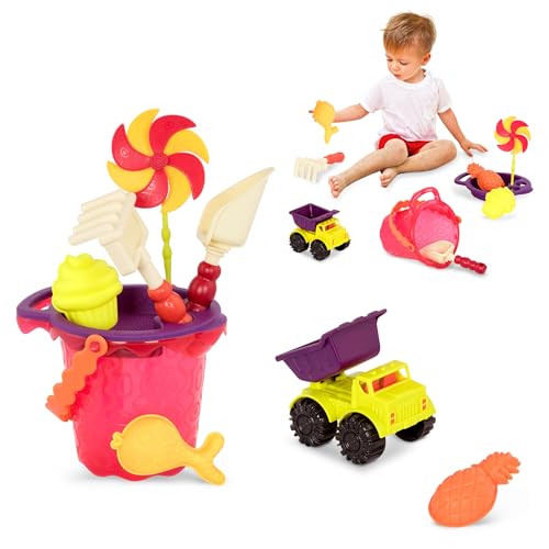 B. toys Sandspielzeug 9 Teile mit Eimer – Sandkasten Spielzeug, Strand, Spielplatz mit Schaufel, Sieb, Sandförmchen, Kipper – Spielzeug ab 18 Monaten von B.