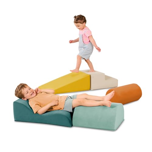 B. Toys Sensorische Schaumstoffformen – 5-teiliges Schaumstoff-Bauset – Zylinder, Rampe, Treppe, gewellte Rampe, Halbzylinder – abnehmbare & maschinenwaschbare Bezüge – ab 12 Monaten – WonderShapes von B.