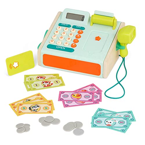 B. toys Spielkasse Kinder aus Holz, Kasse Spielzeug, Spielzeugkasse, elektronische Supermarktkasse mit Taschenrechner – mit Kaufladen Zubehör Geld, Kredit Karte, Holzspielzeug ab 3 Jahren (30 Teile) von B.