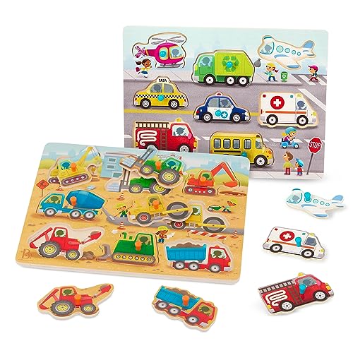 B. toys BX2356Z Wooden Peg 8-Piece Puzzles for Toddlers, Kids – Cars, 2 Years + – Peek & Explore-Construction Trucks & Vehicles, Multi von B.