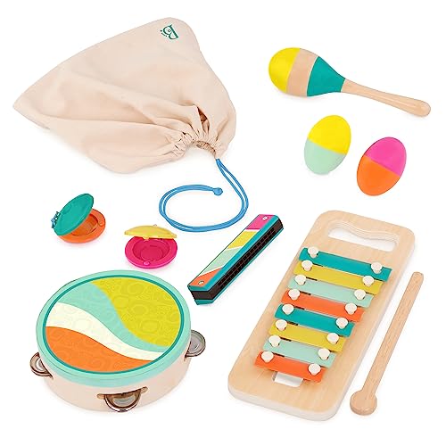 B. toys - Mache eine Melodie - Spielzeug Instrumente - 9-teiliges Musikset aus Holz - Xylophon, Tamburin, Mundharmonika - Aufbewahrungsbeutel mit Kordelzug - 2 Jahre + von B.