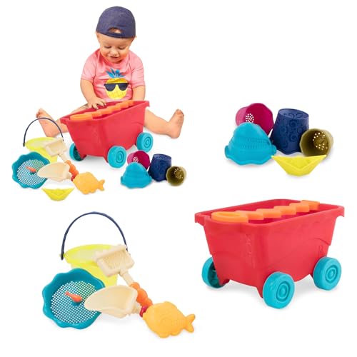 B. toys Sandspielzeug 11 Teile mit Bollerwagen Rot – Sandkasten Spielzeug, Strand, Spielplatz mit Eimer, Schaufel, Sandförmchen – Spielzeug ab 18 Monaten von B. toys