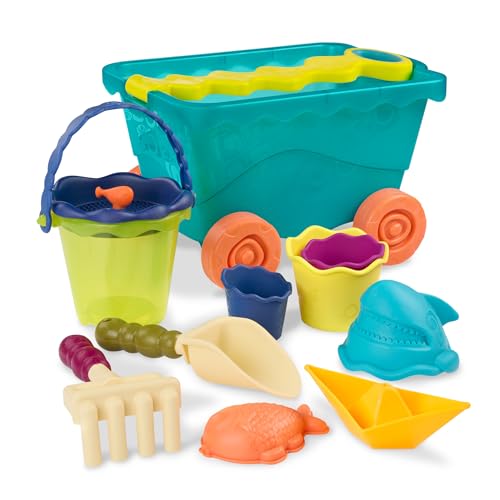 B. toys Sandspielzeug 11 Teile mit Bollerwagen – Sandkasten Spielzeug, Strand, Spielplatz mit Eimer, Schaufel, Sandförmchen – Spielzeug ab 18 Monaten von B.
