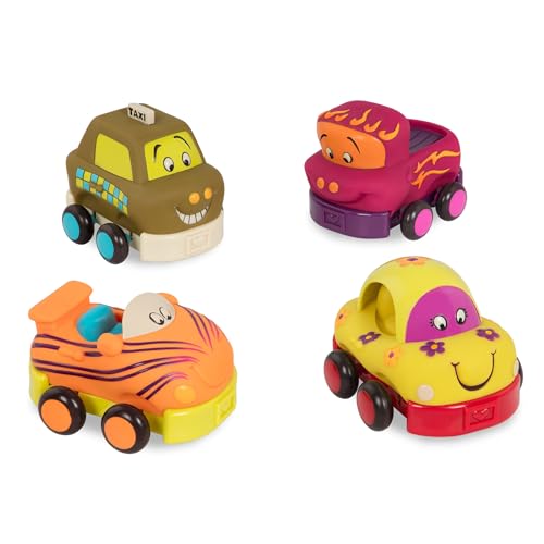 B. toys Weiche Spielzeug Autos zum Zurückziehen und Loslassen – Feuerwehr, Taxi, Rennwagen, Käfer – Motorikspielzeug für Kinder ab 1 Jahr (4 Stück) von B.