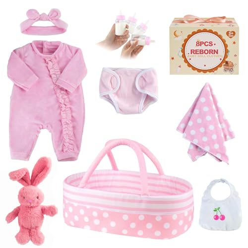 BABESIDE 8-teilige Kleidung für wiedergeborene Puppen mit Wiege, passend für 17-22-Zoll-Puppen, Puppenkleidung, Bekleidungszubehör. (Rosa Kleidungszubehör für 17-22-Zoll-Puppen.) von BABESIDE