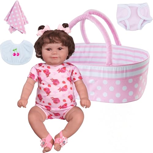 BABESIDE Realistische Babypuppe 20 Zoll Rebornpuppe Weicher Stoffkörper Lebensechte Babypuppe Weinen Herzschlag Wiedergeborenes Mädchen öffnet Augen und lächelt mit Spielzeugzubehör mit Stubenwagen von BABESIDE