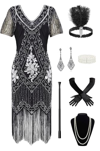 BABEYOND 1920er Jahre Art Deco Fransen Pailletten Kleid Brüllend 20er Jahre Flapper Kostüm, Set – Schwarz und Silber, Large BABEYOND 1920er Jahre Art Deco Fransen Pailletten Kleid Brüllend 20er Jahre Flapper Kostüm, Set – Schwarz und Silber, Large von BABEYOND