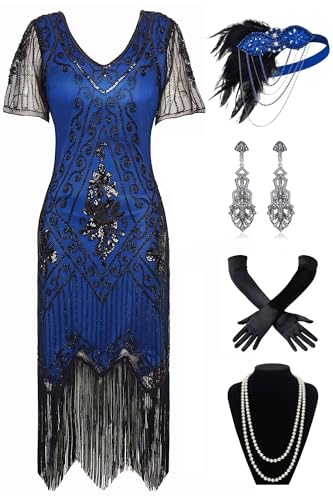 BABEYOND 1920er Jahre Art Deco Fransen Pailletten Kleid Brüllend 20er Jahre Flapper Verkleidung Gatsby Kostüm Kleid, 2er-Set – Blau, Schwarz, Large von BABEYOND
