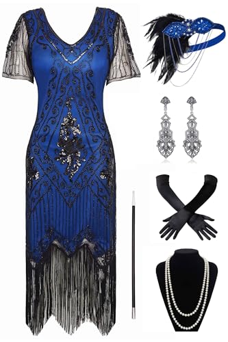 BABEYOND 1920er Jahre Art Deco Fransen Pailletten Kleid Brüllend 20er Jahre Flapper Verkleidung Gatsby Kostüm Kleid, 2er-Set – Blau, Schwarz, Medium von BABEYOND