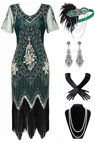 BABEYOND 1920er Jahre Art Deco Fransen Pailletten Kleid Brüllend 20er Jahre Flapper Verkleidung Gatsby Kostüm Kleid, 2er-Set – Dunkelgrün, Large von BABEYOND